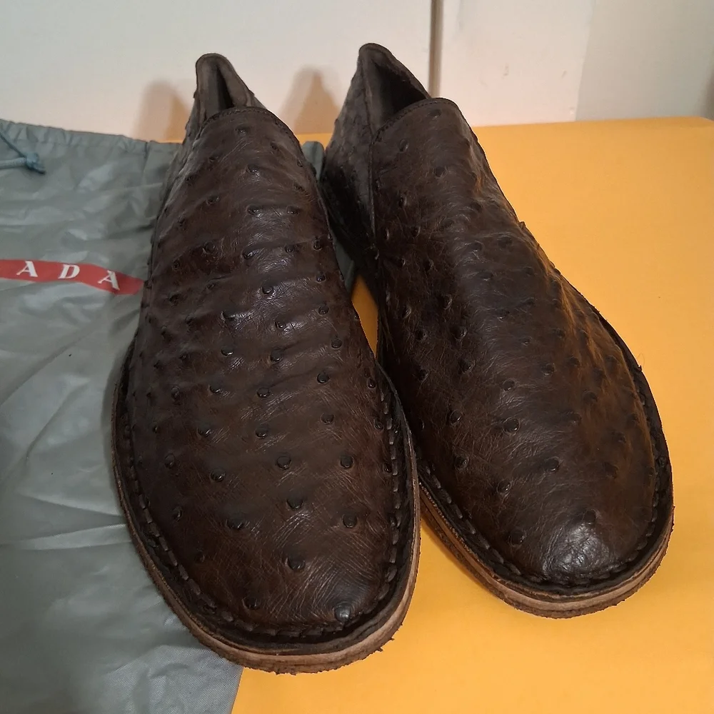 Prada Dark Brown Ostrich Leather Slip-On Loafers